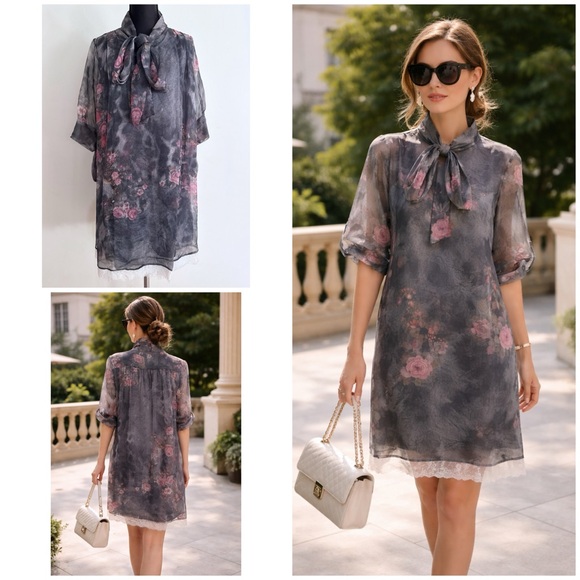 Dolce & Gabbana D&G Silk Gray Pink Floral Rose Bow Tied Front Shift Lace Dress
